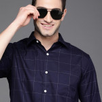 Men Navy Blue & White Sport Fit Checked Pure Cotton Casual Shirt