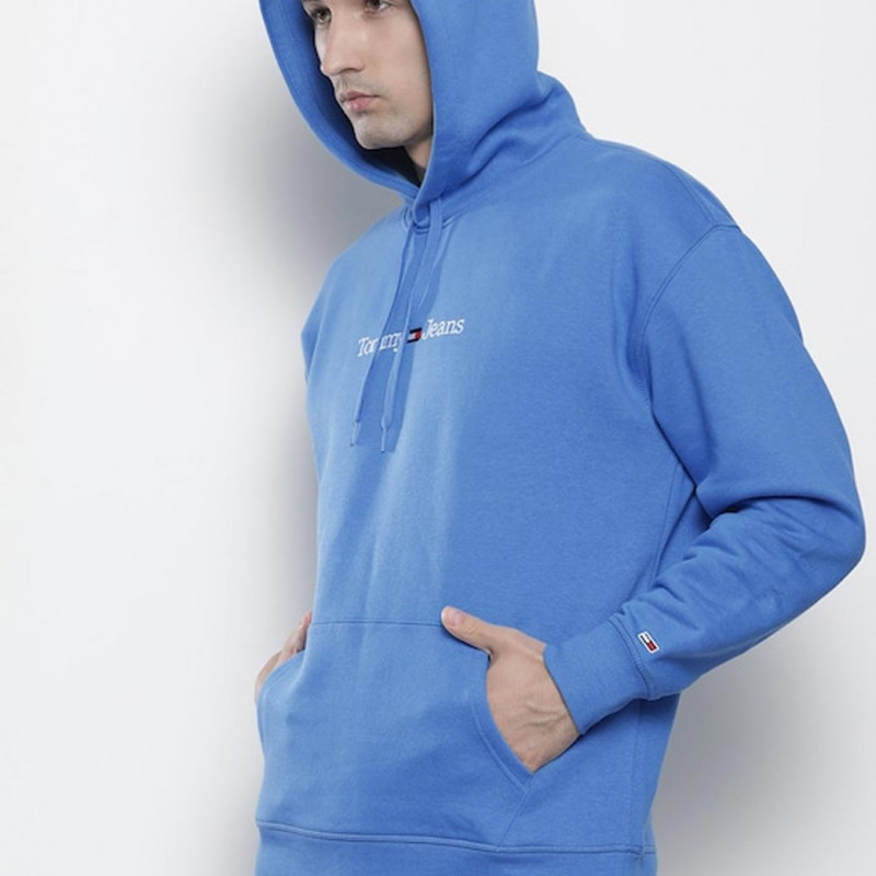 Men Blue Brand Logo Embroidered Hooded Pullover Sweatshirt