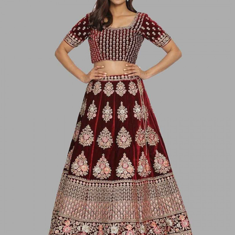 Maroon & Gold-Toned Embroidered Semi-Stitched Lehenga & Unstitched Blouse With Dupatta