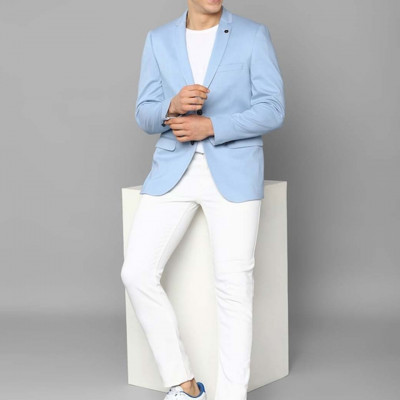 Men Blue Solid Slim-fit Single Breasted Formal Blazer