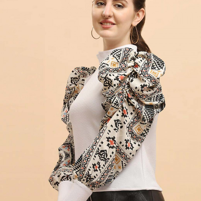 White Ethnic Motifs Printed Puff Sleeve Top