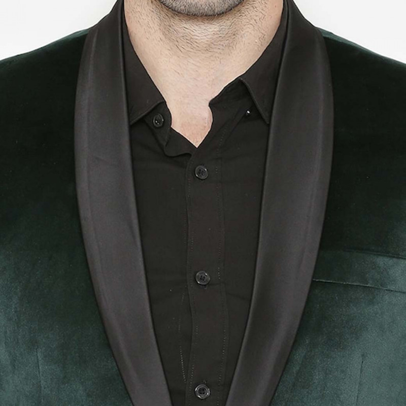 WINTAGE Men Green Solid Single-Breasted Velvet Blazer