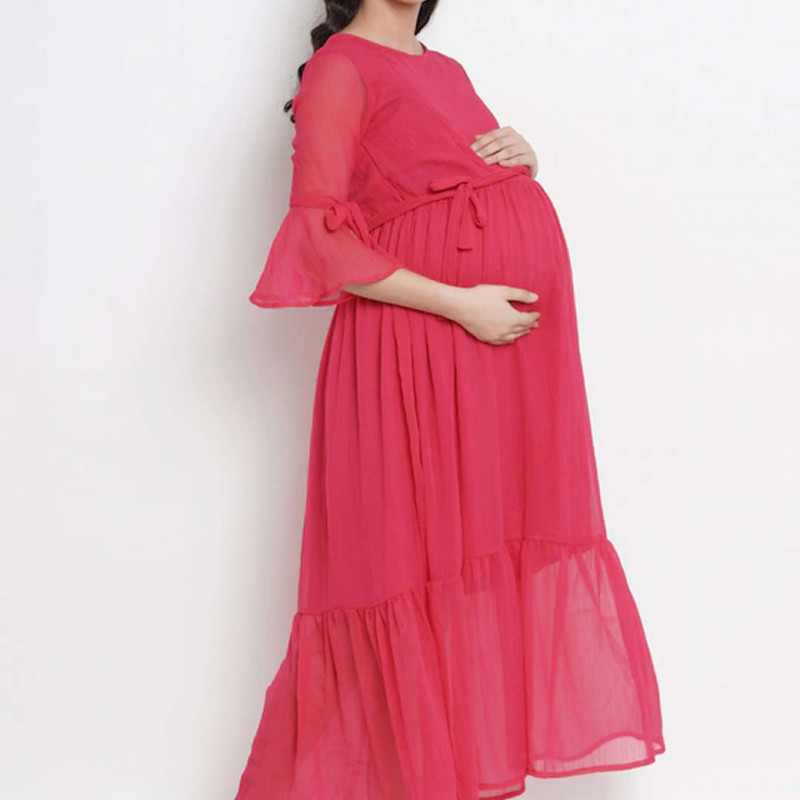 Peach-Coloured Printed Fit and Flare Maternity Feeding Nursing Dress