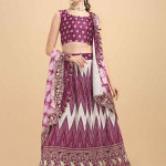 Purple & White Printed Semi-Stitched Lehenga & Unstitched Blouse With Dupatta