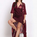 Burgundy & Pink Floral Printed Nightdress With Robe