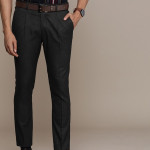 Men Black & Grey Checked Slim Fit Pleated Formal Trousers