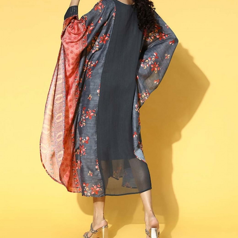 Women Charcoal Muslin Striped & Printed Kaftan Dress